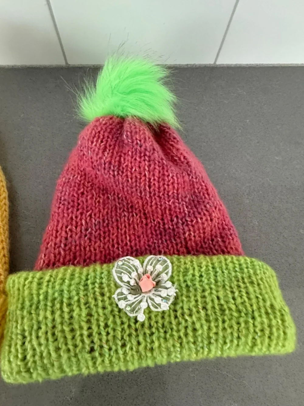 2 Little Girl Handmade Knit Beanie Hats-Barely worn